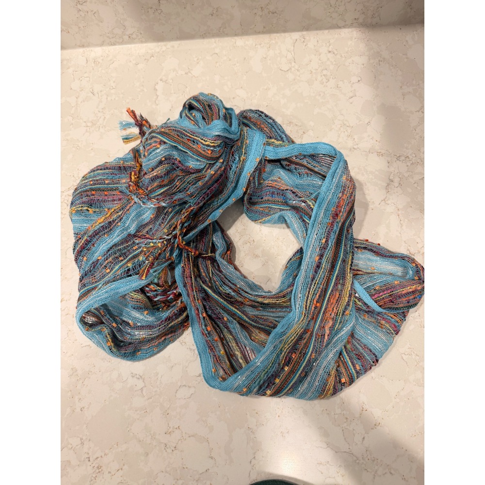 Boho Y2K Colorful Semi Sheer Scarf Turquoise Blue Orange Tassel Fringe Knit